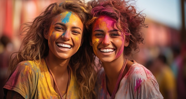 Gesichter, die mit farbenfroher Freude inmitten der Feier des Holi-Festivals bemalt sind