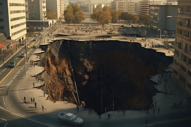 Gesichter in einem städtischen Gebiet als ein Sinkhole plötzlich Generative ai