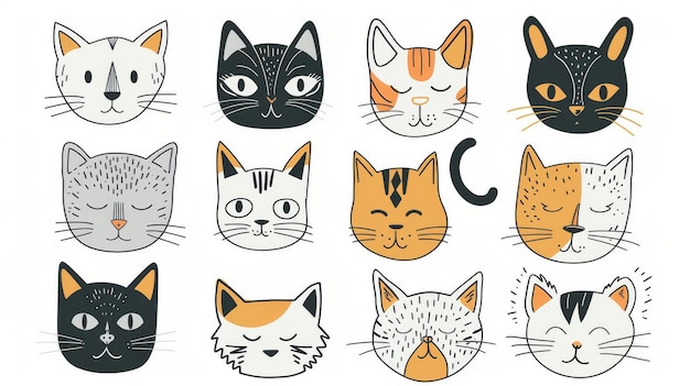 Gesichter von Katzen mit verschiedenen Rassen und Mustern Moderne Illustration