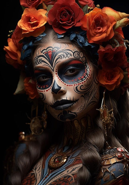 Gesichts-Make-up einer mexikanischen Frau beim Dia de los Muertos-Feiertagssurrealismus