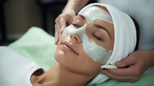 Gesichts-Spa-Behandlung mit weiblicher verjüngender grüner Maske durch einen erfahrenen professionellen Kosmetologen