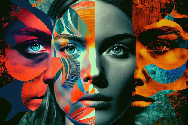Gesichtscollage-Illustration verschiedener Farben und Muster mit abstraktem Hintergrund