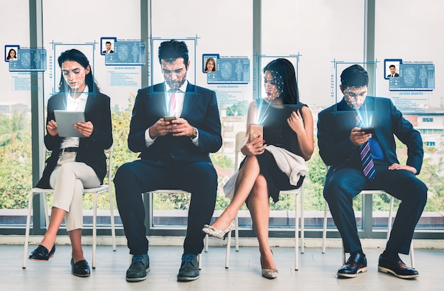 Foto gesichtserkennungstechnologie scannt und erkennt das gesicht von personen zur identifizierung