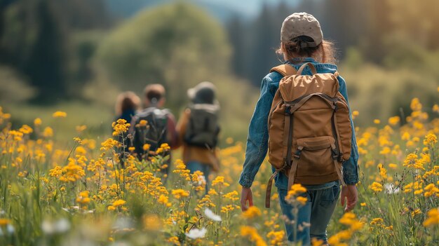 Gesichtslose Familie geht auf einer Wanderung durch die Sommerwiese. Hintergrundansicht von Kindern und Eltern beim Gehen