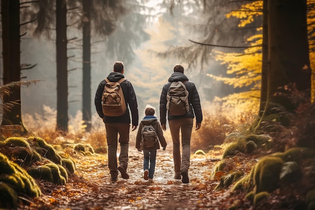 Gesichtslose Familienwanderung durch farbenfrohen Herbstwald. Rückansicht von Eltern und Kind, die auf dem Weg spazieren