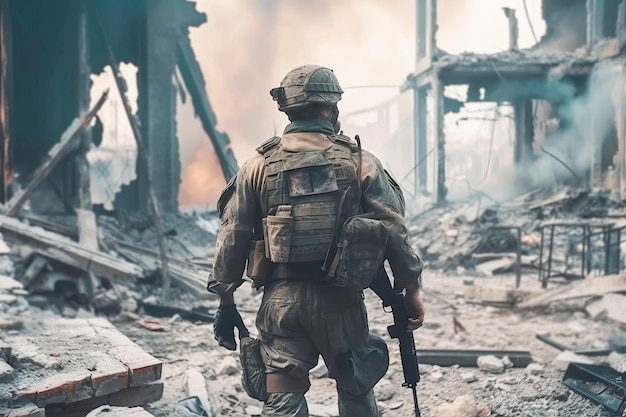 Gesichtsloser Soldat geht in einer zerstörten Stadt Generative KI-Illustration
