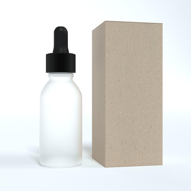 Gesichtsöl-Serum-Milchglasflasche mit schwarzem Umhang-Design, fertiges Tröpfchen mit Box-Mockup 3D-Rendering