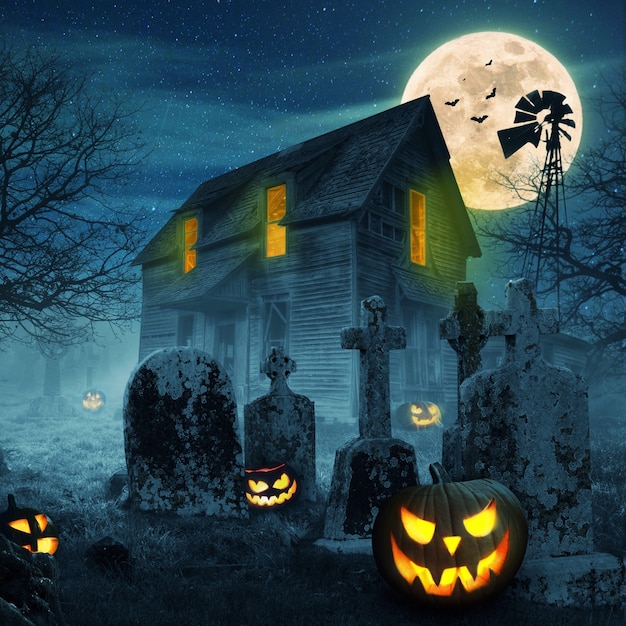 Gespenstische Kürbisse mit Vollmond, dunklem Wald, Friedhof und gruseligem altem Haus mit Licht. Glücklicher Halloween-Designhintergrund. Albträume-Konzept