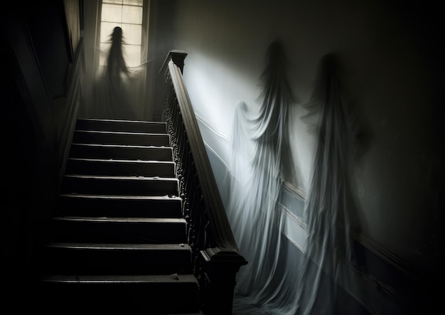 Gespenstische Schatten werfen sich über ein unheimliches Treppenhaus