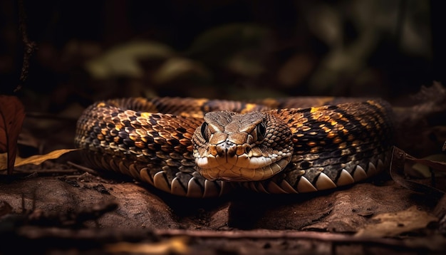 Gespenstische Viper, die einen Baum im Wald hochkriecht, der von KI generiert wurde