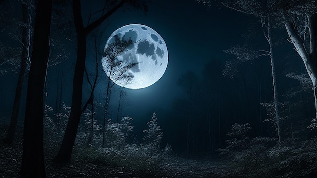 Gespenstischer Nachtwaldhintergrund mit Vollmond