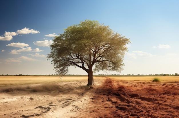 Gestalten Sie einen einsamen Baum auf einem Feld während einer Trockenzeit. Selektiver Weichzeichner