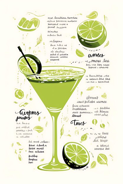 Gestaltung des Margarita-Menüs Zesty Lime Grüne Farbe mit Lime-Schnitt Illu Flat 2D Kreative Kunstideen