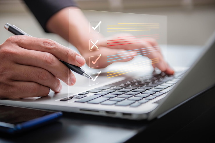 Foto gestão de tarefas com listas de verificação e agulhas preenchimento de formulários de pesquisa on-line para lidar com arquivos de forma eficaz tecnologia de negócios corporativos usa sistemas de gerenciamento de documentos de processo dms
