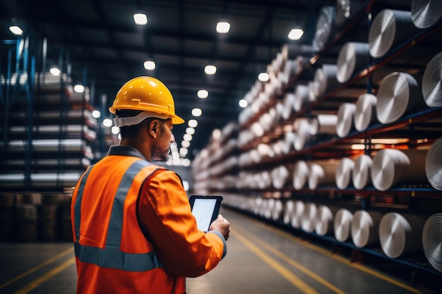 Gestão do inventário do armazém na fábrica de metalurgia com engenheiro ou inspetor de condução de armazenamento