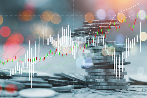 Gestapelt von Münzen in der Finanzwirtschaft, Diagrammdatendiagramm-Wachstumsbörse, Geld, Investmentgeschäftskonzept.