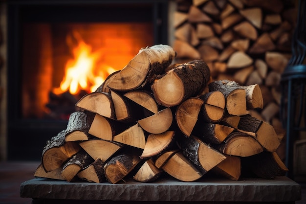 Gestapelte Brennholzscheite am Kamin