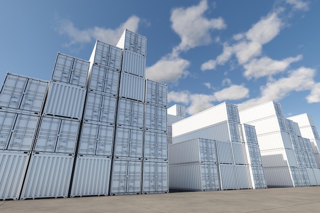 Gestapelte Frachtcontainer für die Zwischenlagerung, Beladung, Entladung und Sortierung am Containerplatz
