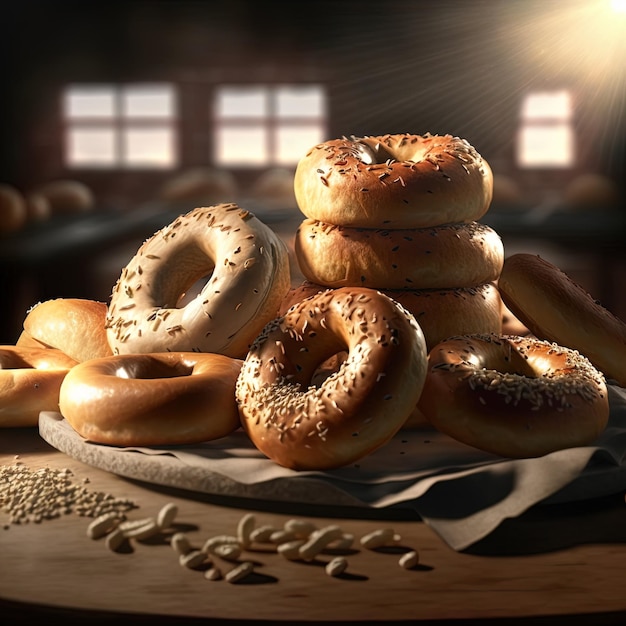 Gestapelte frisch gebackene Brot Bagels