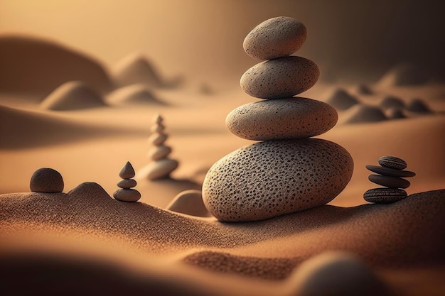 Gestapelte Zen-Steine Sand Hintergrundkunst des Gleichgewichts Illustration Generative AI