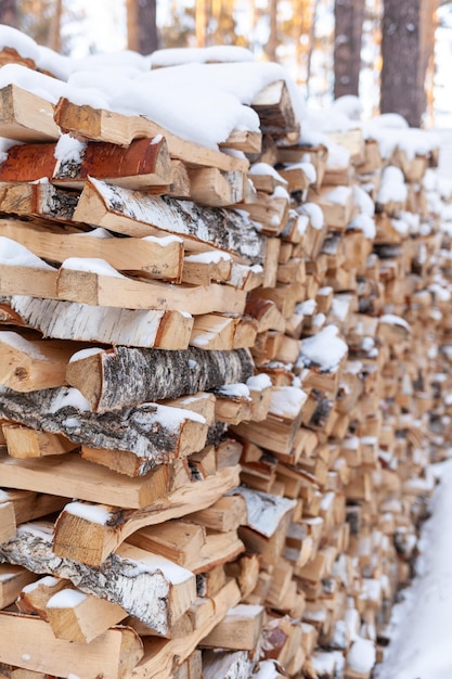 Gestapeltes Brennholz, das mit weißem Schnee bedeckt ist, Holzanzünder und Heizholzstapel mit gestapeltem Brennholz