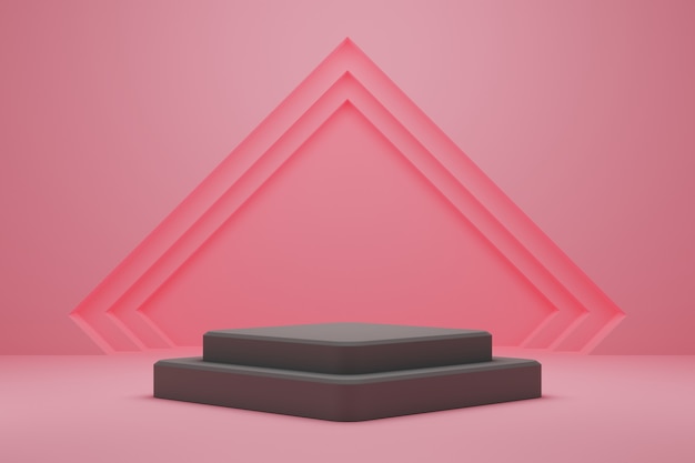 Gestapeltes graues quadratisches Podium auf rosa Hintergrund.