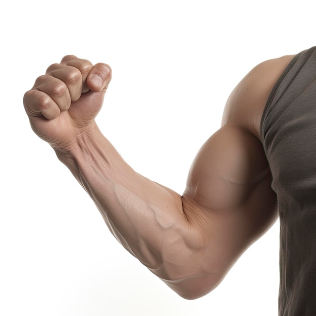 Geste zum Beugen der Muskeln auf weißem Hintergrund für Fitness-Werbeaktionen mit generativer KI