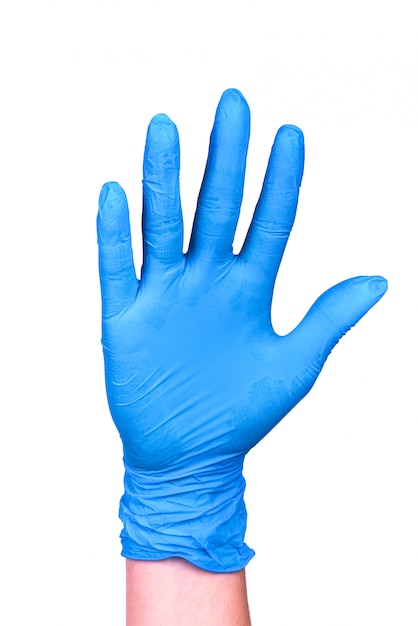 Gestengrußhand in einem blauen Handschuh