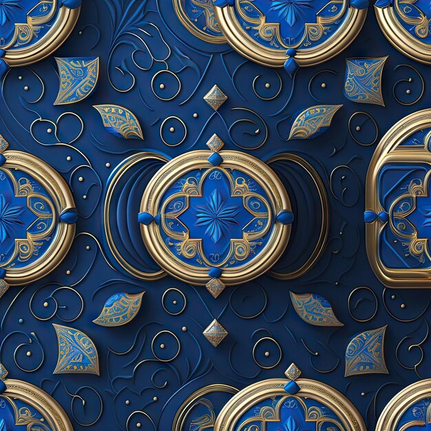 Gesticktes geometrisches nahtloses Muster. Goldene Elemente elegant und luxuriös auf blauem Hintergrund