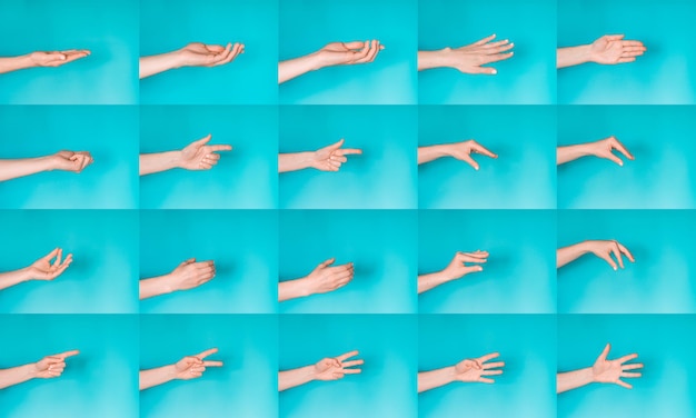 Foto gestierende weibliche hände auf blauem hintergrund