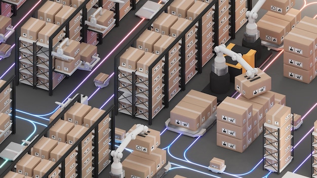 Gestión de almacenes con robótica automatizada El vehículo de transporte utiliza robots de brazo robótico para recoger las mercancías utilizando la automatización en la representación 3D de gestión de productos