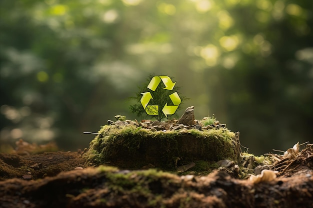 Foto gestión ecológica de residuos y estilo de vida sostenible en el bosque con cartel de reciclaje