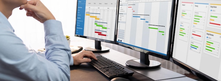 Foto gestión empresarial moderna y organización del flujo de trabajo pioneros