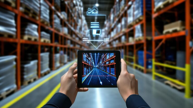 Foto gestión de inventario de almacén con tableta vr