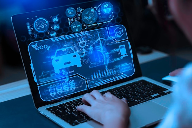 Gestión de pantalla táctil de empresario por concepto holográfico de Ai Energía verde de sistemas de turbinas eólicas energía renovable reducción del uso de electricidad ahorro de energía conservación de energía sostenible