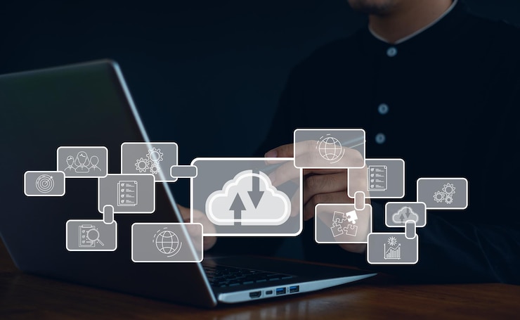 Foto gestión de la transformación digital industria inteligente tecnología en la nube almacenamiento de datos gestión del servicio al cliente concepto de servicio de red e internet