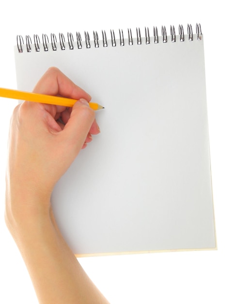 Gesto de desenho de mão com lápis e bloco isolado