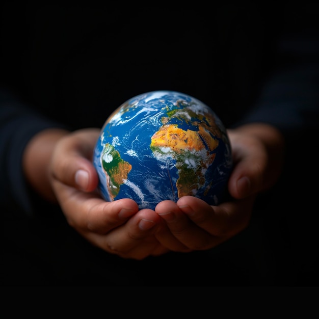 Gesto eco-consciente con la mano sosteniendo el globo el concepto del Día de la Tierra para las redes sociales