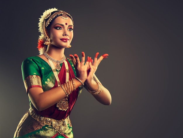 Gesto elegante de mãos, maquiagem clássica e elegante traje de dança indiana. Beleza das tradições nacionais