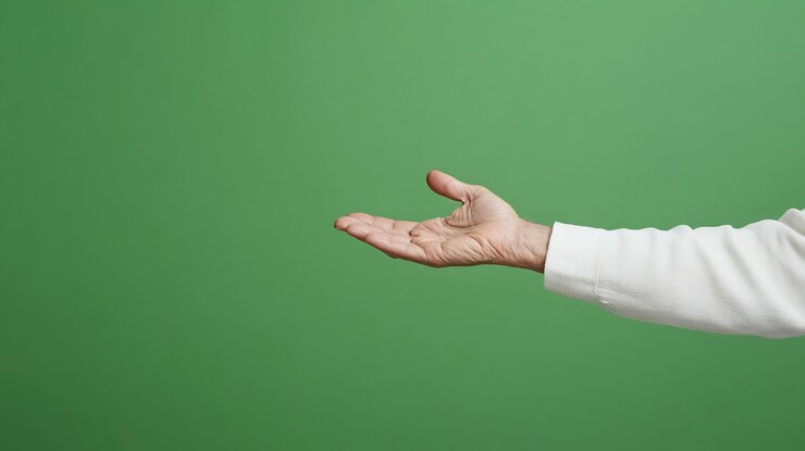 Foto gesto de la mano abierta contra un fondo verde exuberante