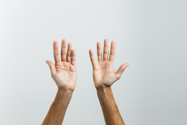 Gesto de la mano de la palma abierta de la mano masculina. Aislado en el fondo blanco.