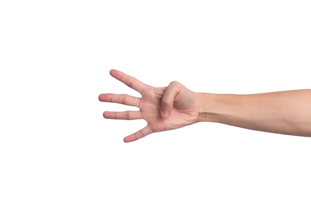 Foto gesto de mano que muestra el número cuatro aislado sobre el fondo blanco.