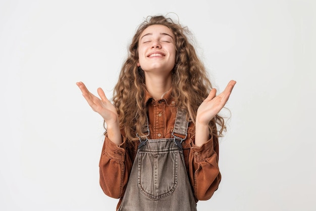 Foto el gesto de oración palmas satisfecha mujer implora misericordia expresión positiva sonrisa suave hace deseo