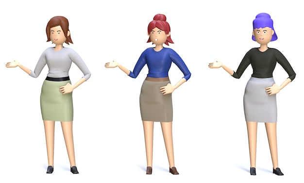 Foto gesto de pie de mujeres de dibujos animados de ilustración 3d