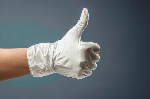 Foto gesto positivo la mano en el guante de goma blanco le da el pulgar hacia arriba