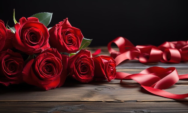 Gesto romântico belo buquê de rosas vermelhas com fita vermelha em fundo de madeira perfeito para