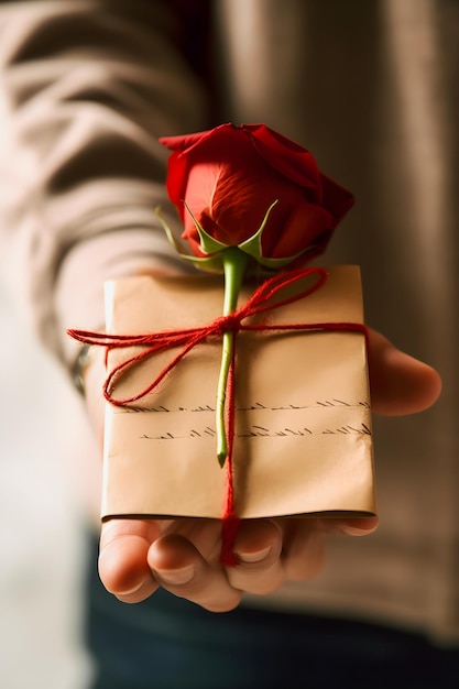 Gesto romántico Manos tiernas agarrando una nota de amor de rosa roja asegurada con cinta roja