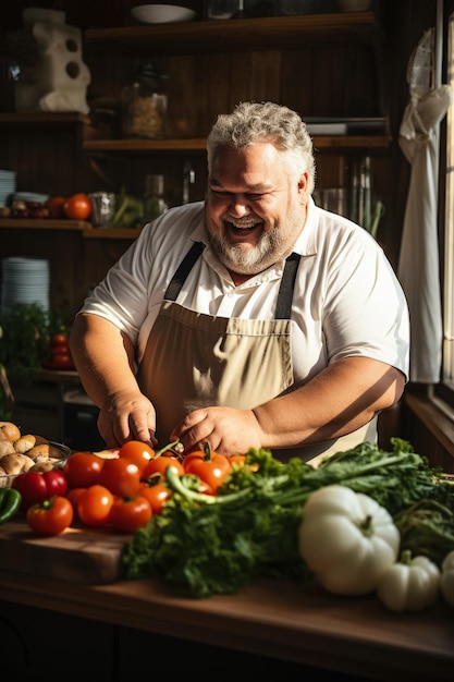 Gestor de sobrepeso preparando com entusiasmo refeições frescas e nutritivas em casa