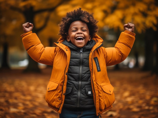 gestos dinámicos emocionales niño africano en otoño