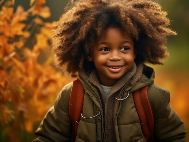 gestos dinámicos emocionales niño africano en otoño